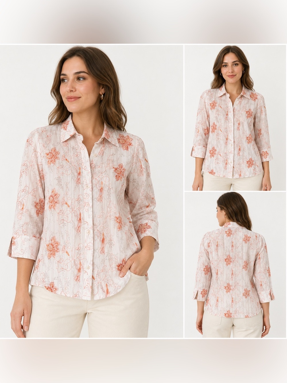 Marie Claire button down shirt orange embroidered sz S